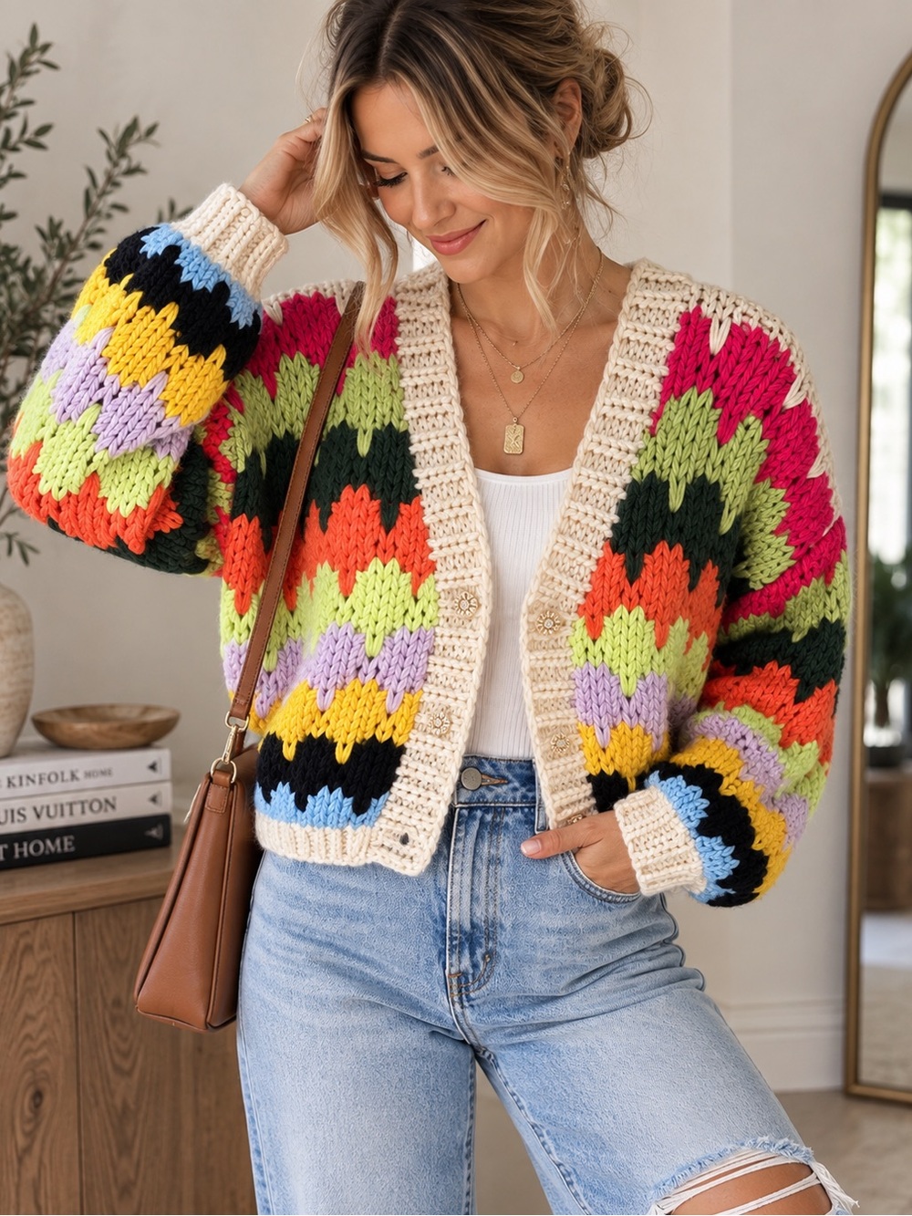 NVLT Handmade Chunky Knit Multicolor Cropped Cardigan Sweater Small